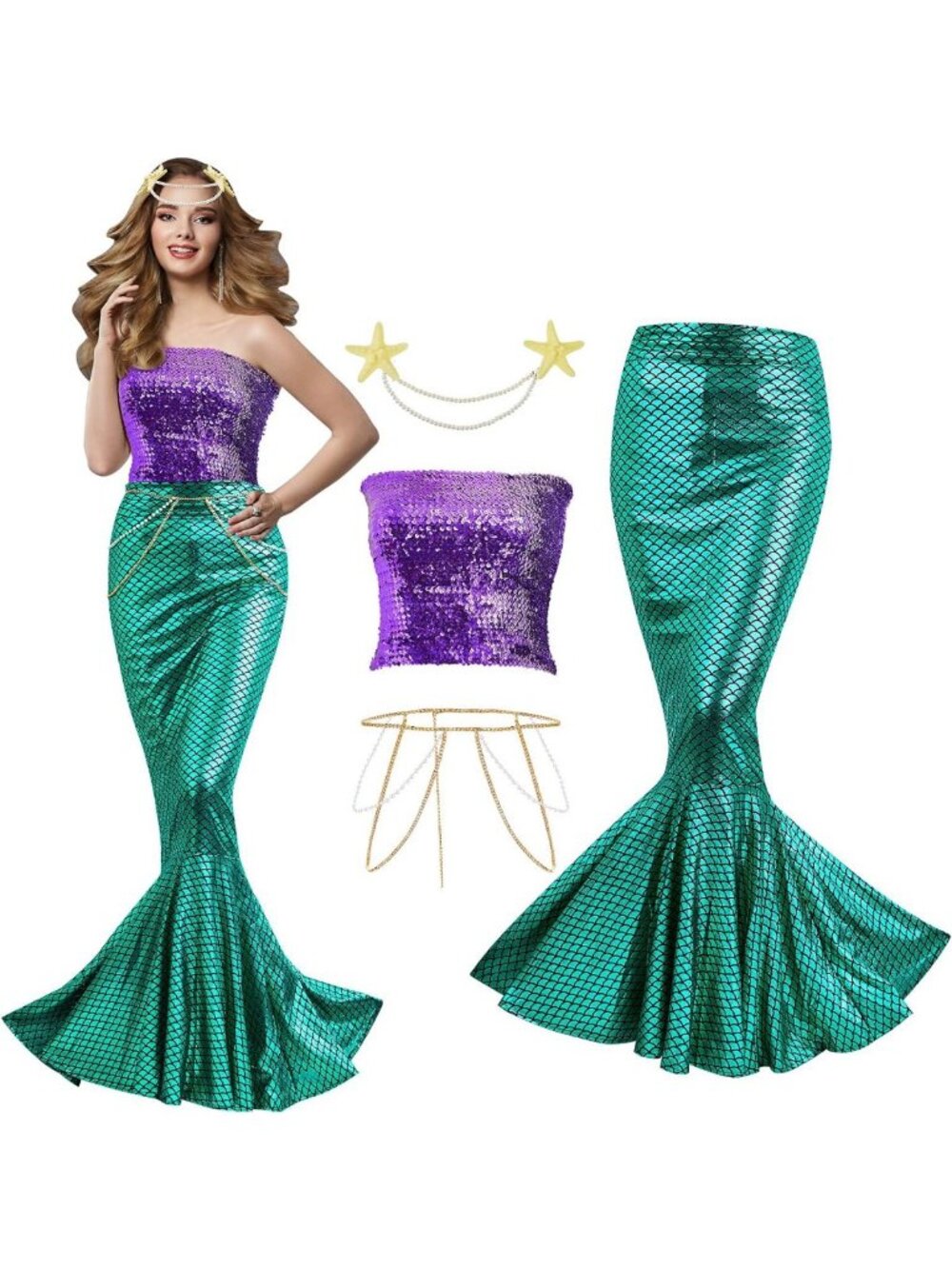 Mermaid Costume Set for Women - Sequin Tube Top, Skirt, Pearl Waist & Head Chain